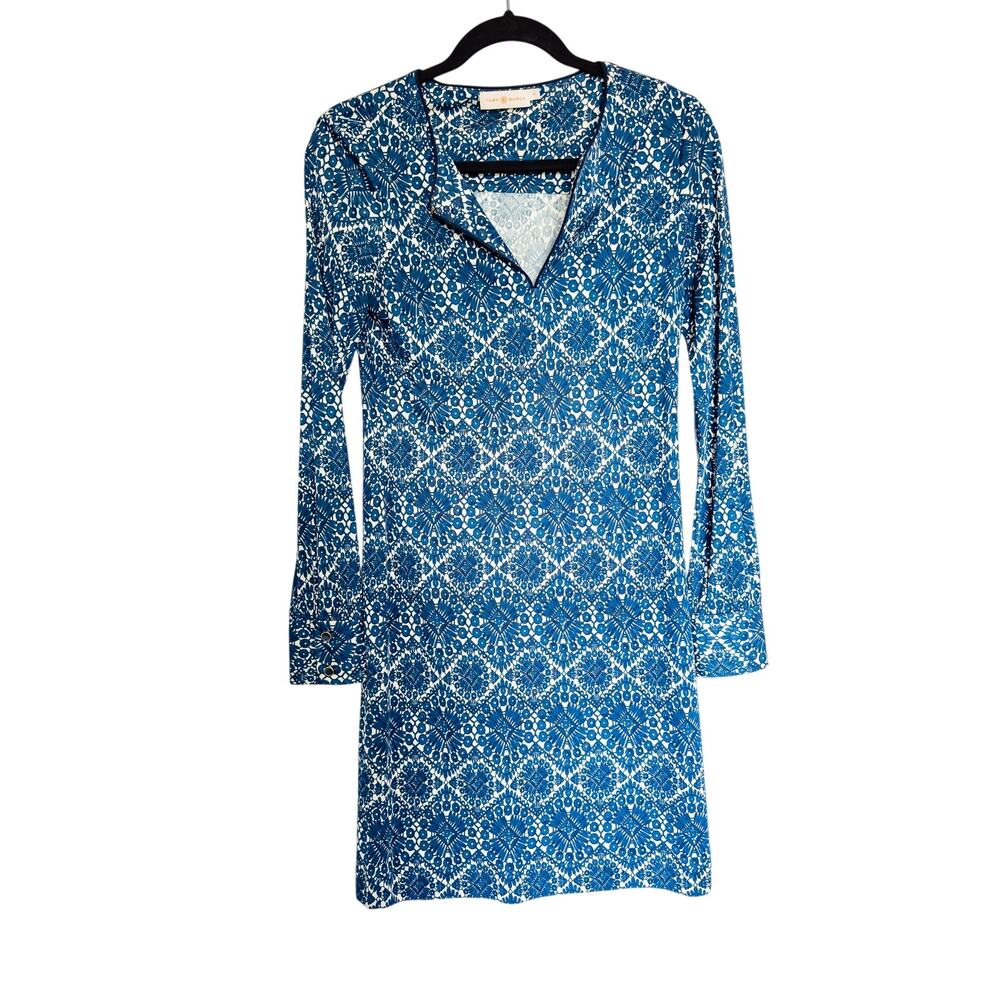 Tory Burch V-Neck Blue White Print Tunic Dress 100% Silk Regular Size Small S